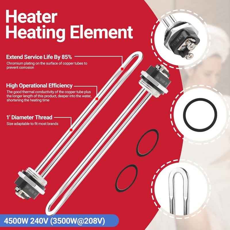 NISHCON EWH-01 Electric Water Heater Tune-Up Kit, Water Heater Parts Fit for Most Electric Water Heaters, Includes 2× Heater Elements - 4500W 240V (3500W@208V), Upper & Lower Heater Thermostat - Image 2